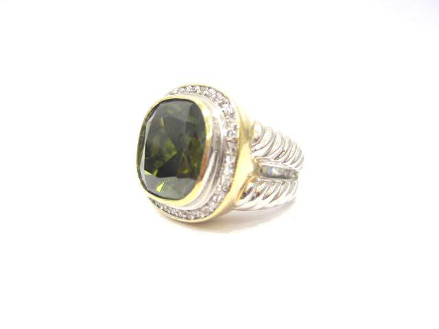 Sterling Silver Green Glass and C.Z. Diamond Ring