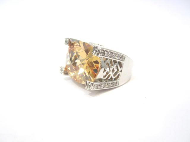 Sterling Silver Brown Glass and C.Z. Diamond Ring