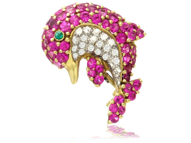 18K Yellow Gold Ruby Yellow Sapphire Diamond Pin