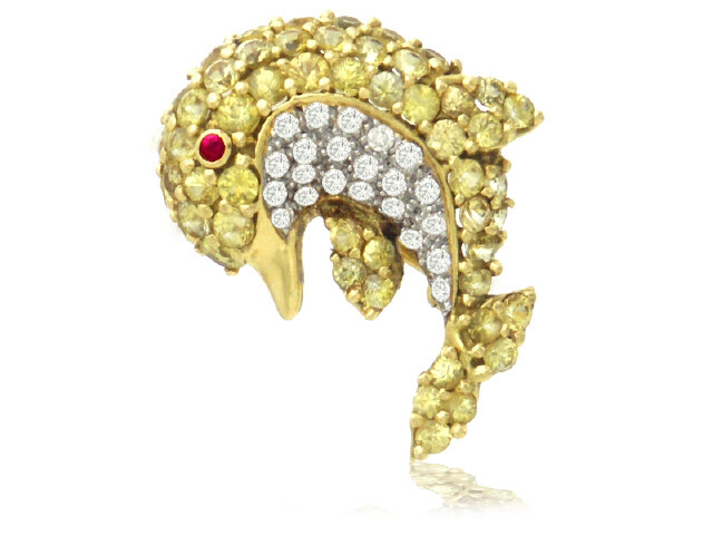 18K Yellow Gold Pink Sapphire Emerald Diamond Pin