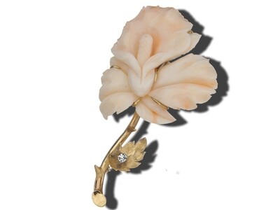 14K Yellow Gold, Coral and Diamond Flower Pin