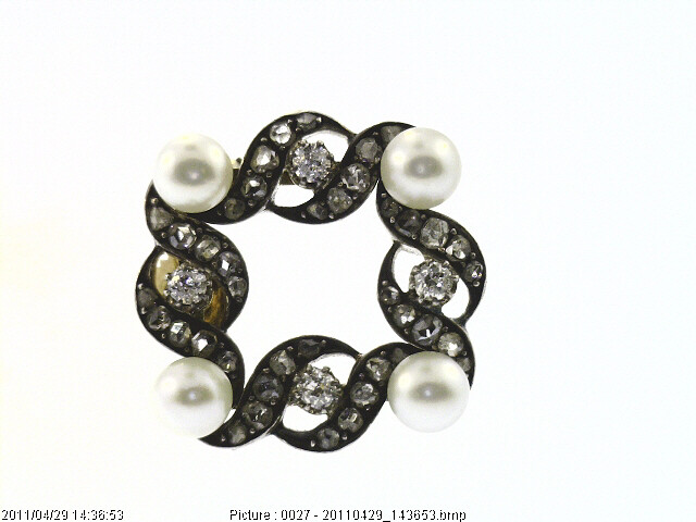 18K Yellow Gold and Silver Pearl Diamond Antique Pin