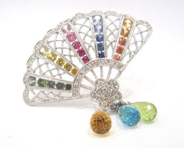 Sapphire and Diamond Fan Brooch in 14K White Gol