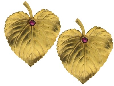 18K Yellow Gold with Synthetic Ruby Leaf Pins