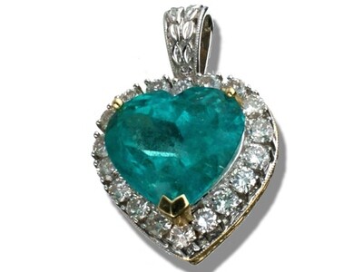 14K W/G + Y/G Heart shape Emerald + Diamond Pendant