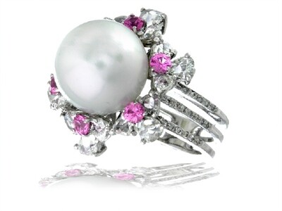 South Sea Pearl, Pink Sapphire and Diamond Ring