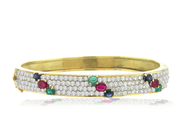 18K Yellow Gold Color Stone and Diamond Bangle