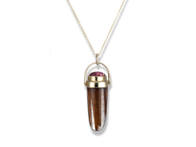 14K Y/G Rutilated Quartz and Pink Tourmaline Pendant