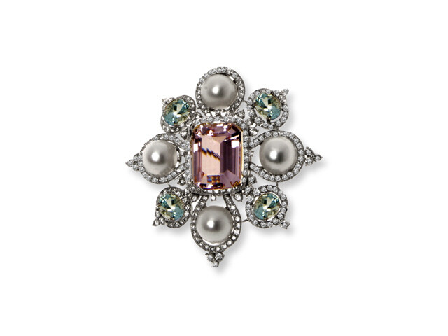 18K W/G Kunzite Aquamarine S.S. Pearl & Diamond Pendan