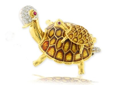 18K Yellow Gold Diamond Enamel Turtle Pin