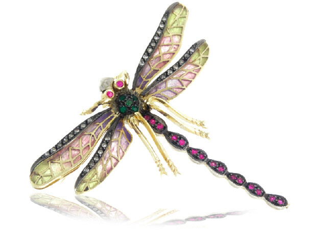 14K Yellow Gold Diamond Gemstone Enamel Brooch