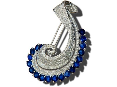 18K White Gold Blue Sapphire and Diamond Brooch