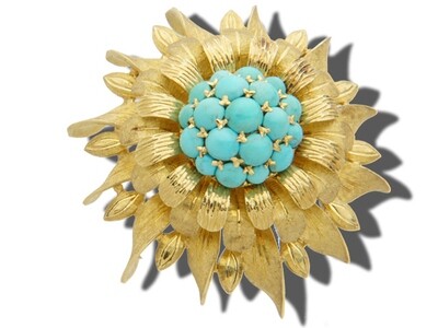 Estate Turquoise and Yellow Gold Brooch