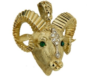 La Triomphe Diamond and Emerald Ram's Head Brooch