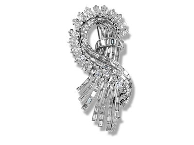 Platinum Marquise,Baguette and Round Diamond Brooch