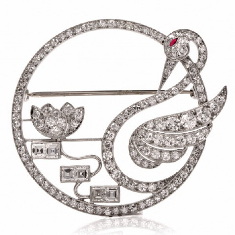 Platinum Art Deco Diamond Swan Brooch