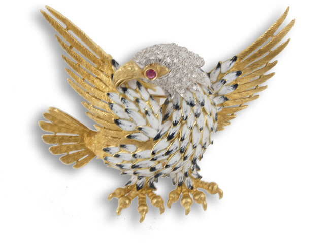 18K Yellow Gold Enamel and Diamond Bird Pin