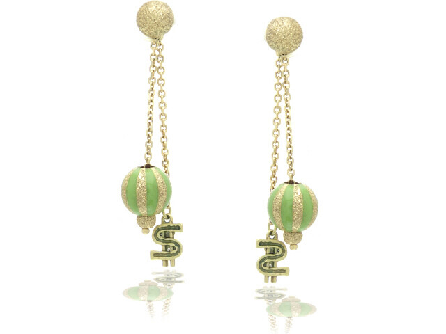 18K GOLD GREEN ENAMEL BALL DANGLE EARRINGS