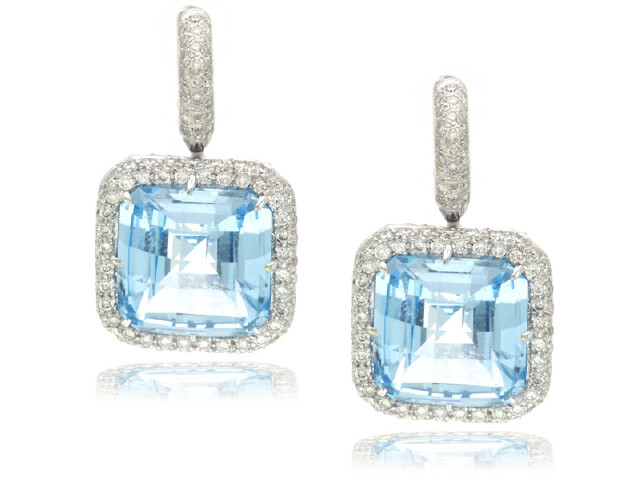 18K WHITE GOLD DIAMOND BLUE TOPAZ EARRINGS