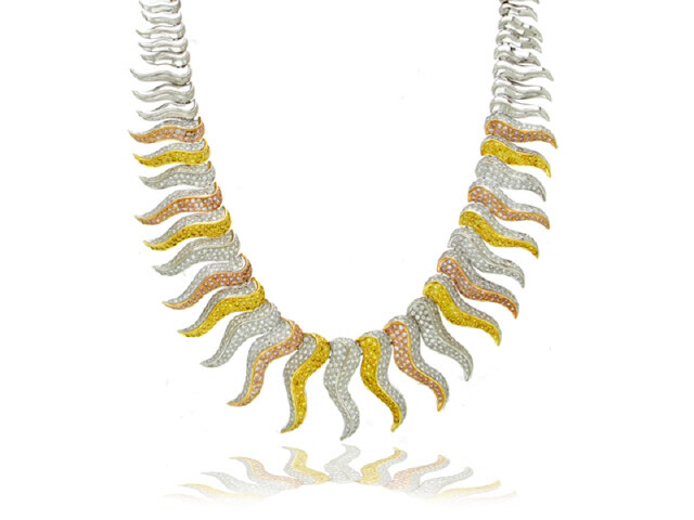 18K WHITE GOLD PINK WHITE YELLOW DIAMOND NECKLACE