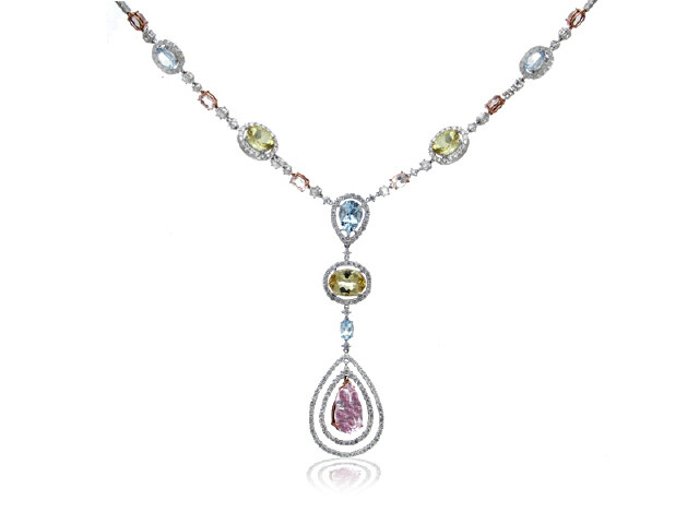 18K WHITE GOLD DIAMOND COLOR STONE NECKLACE