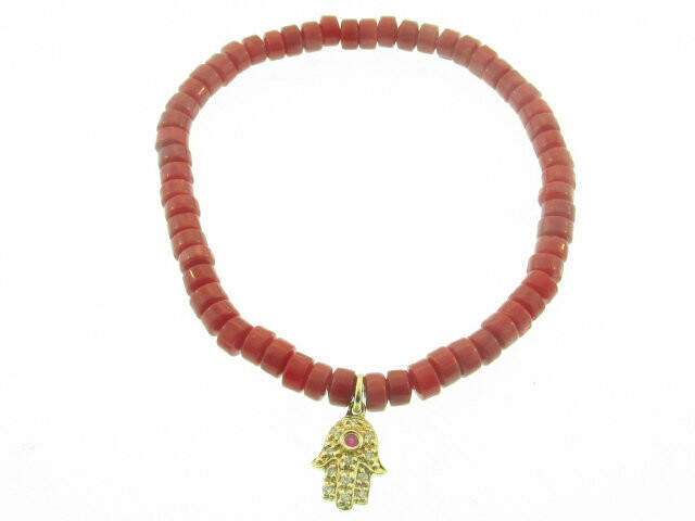 CORAL & 14K YELLOW GOLD SM. HAMSA W/ RUBY CENTER BRACELET
