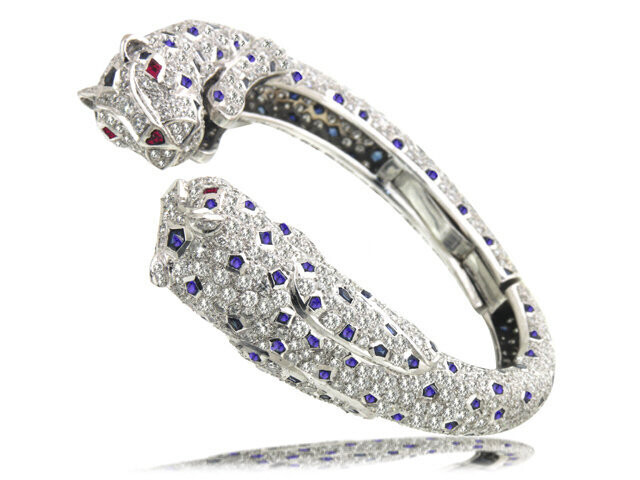 18K WHITE GOLD SAPPHIRE, RUBY DIAMOND PANTHER BANGLE