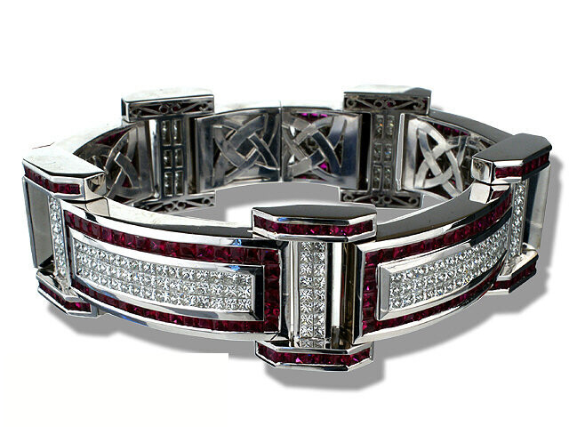 18K WHITE GOLD RUBY + DIAMOND BRACELET W/15CTS PRINCESS CUT D