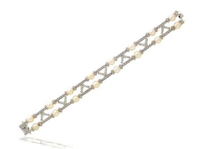 18K White Gold Diamond and Cultured Pearls Bracelet