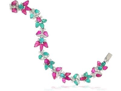 18K White Gold Pink Sapphire Emerald Diamond Bracelet