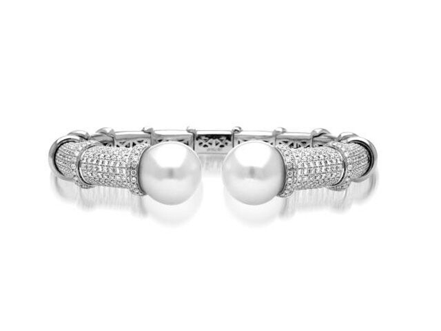 18K White Gold South Sea Pearl Diamond Bangle