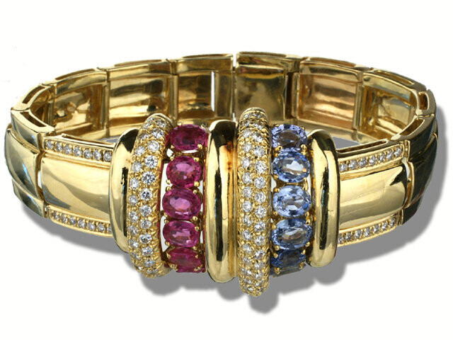 18K YELLOW GOLD PINK AND BLUE SAPPHIRE WITH DIAMONDS BRACELET