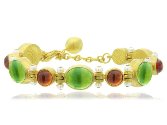 24K Yellow Gold Prehnite/Hessonite/Pearl Bracelet