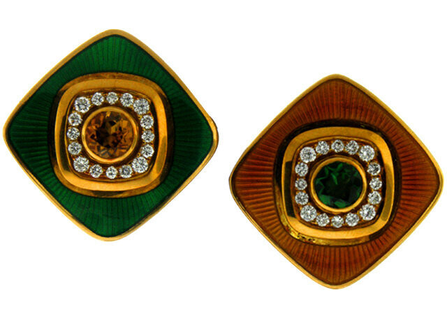 18K Peridot, Citrine and Diamond Enamel Earrings