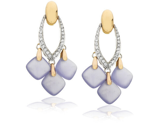 18K R/W/G BLUE CHALCEDONY DIAMOND EARRINGS
