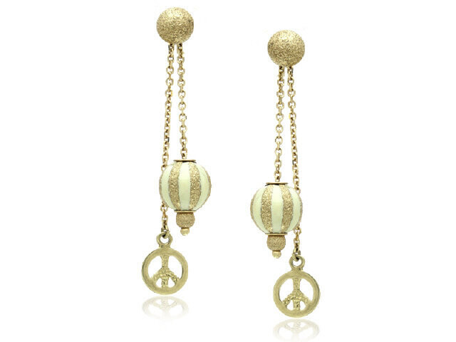 18K GOLD BEIGE ENAMEL BALL DANGLE EARRINGS