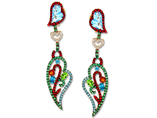 18K ROSE GOLD DIAMOND & COLOR STONE HEART DANGLE EARRINGS