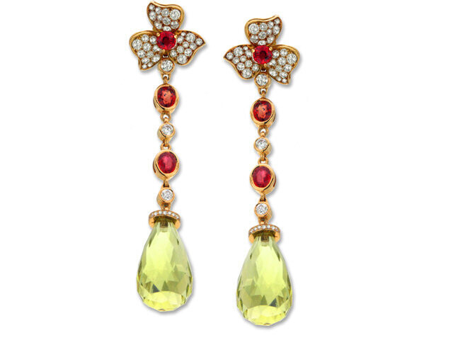 18K R/G DIAMOND & COLOR STONE FLOWER DANGLE EARRINGS