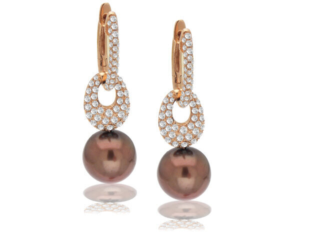 18K ROSE GOLD DIAMOND 11MM CHOCOLATE PEARL EARRINGS