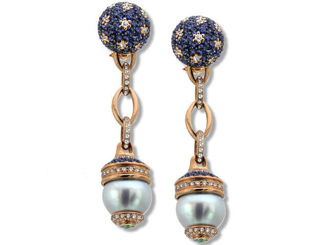 18K ROSE GOLD SAPPHIRE, DIAMOND, WHITE S.S. PEARL EARRINGS