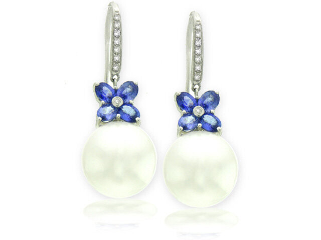 18K White Gold Blue Sapphire Dia. Pearl Earring 12.5mM
