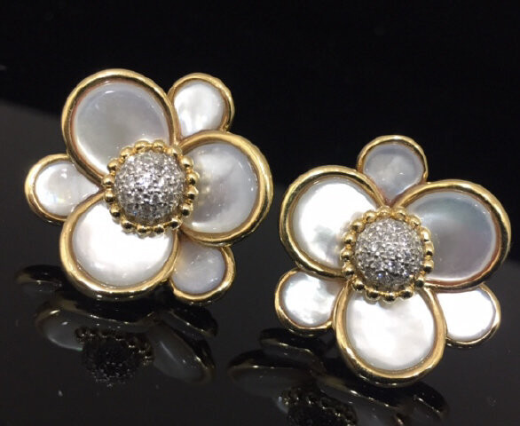 18K Yellow Gold Mother of Pearl and Diamond Earrings