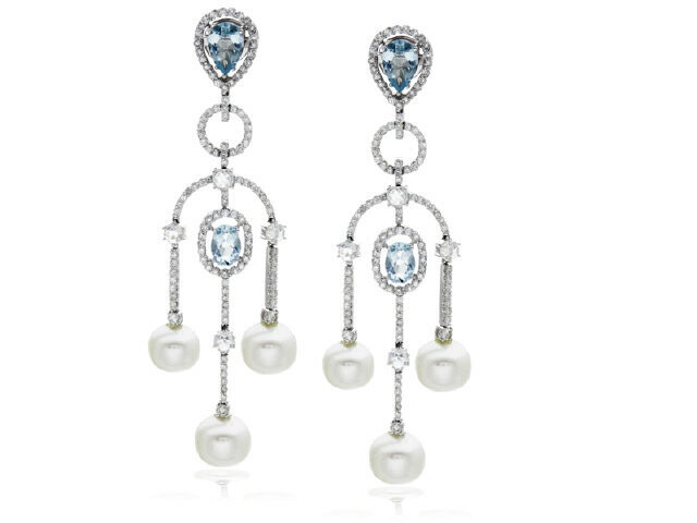 18K WHITE GOLD DIAMOND SS PEARL AQUAMARINE EARRINGS