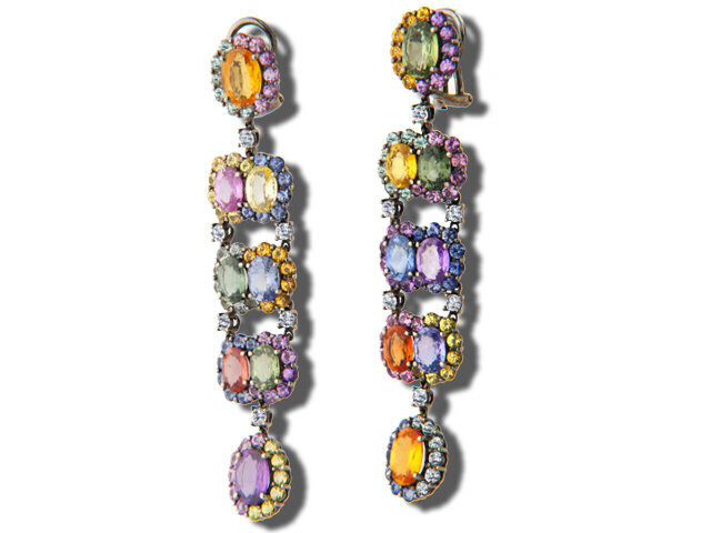 18K White Gold Multi Color Sapphire and Diamond Earrin