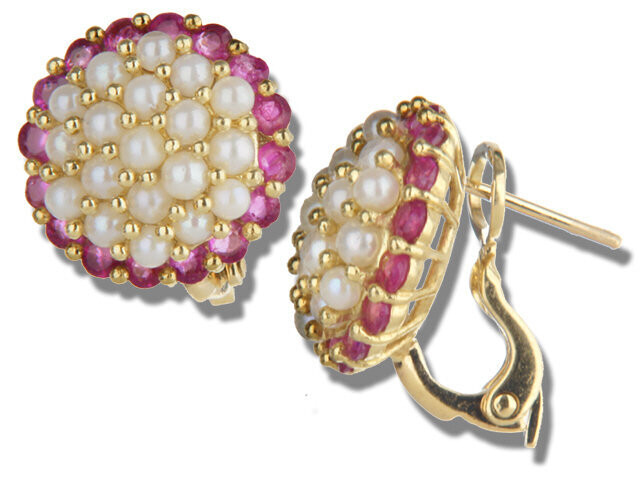 18K Yellow Gold Seed Pearl and Ruby Earrings