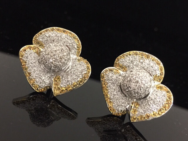 18K Yellow Gold Ross Andrews Sapphire and Diamond Flower Earrings