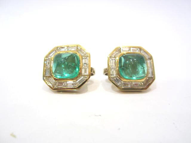 18K Yellow Gold Emerald and Diamond Earrings