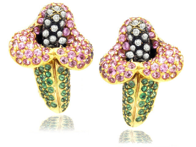 18KY PINK SAPHIRE TSAVORITE FLOWER MOTIF EARRINGS