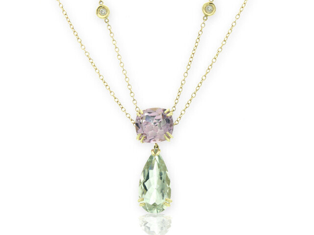 14K Yellow Gold Diamond Rose de France and Mint Green Quartz