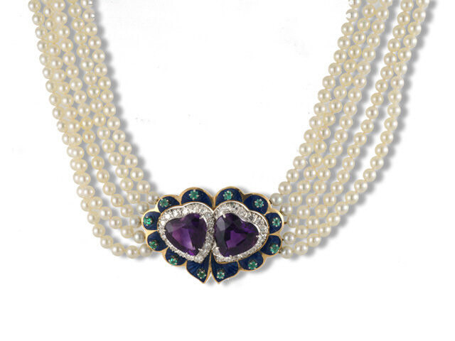 14K Yellow Gold Heart Shape Diamond and Gemstones Neck